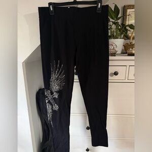 Black Leggings with Silver Wing & Cross Detail
